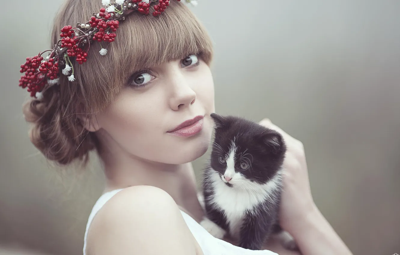 Фото обои глаза, взгляд, девушка, лицо, котенок, girl, шатенка, венок