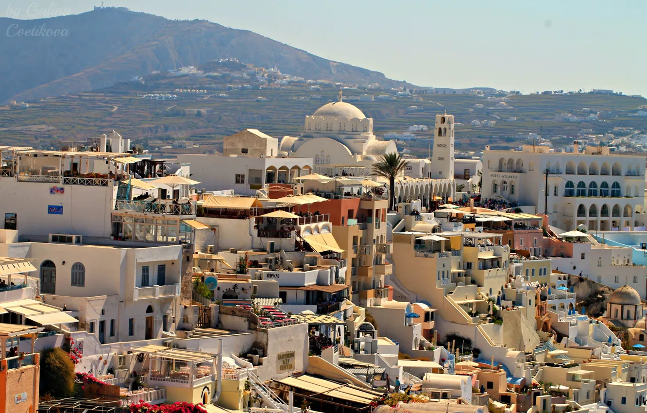 Фото обои город, вид, красиво, греция, высоко, город Фира, остров Санторини