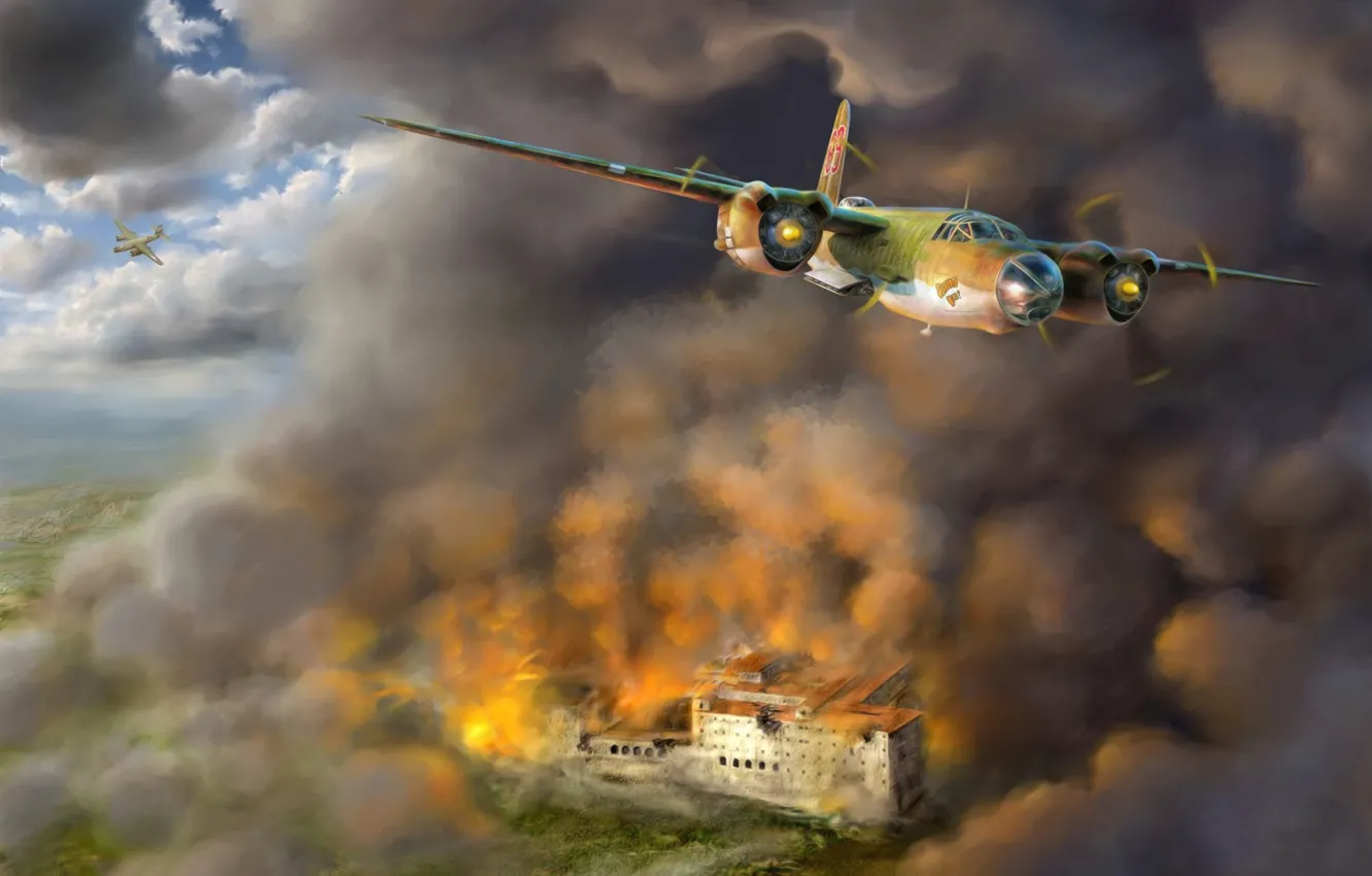 Фото обои bomber, war, art, airplane, painting, aviation, ww2, Martin B-26 Marauder