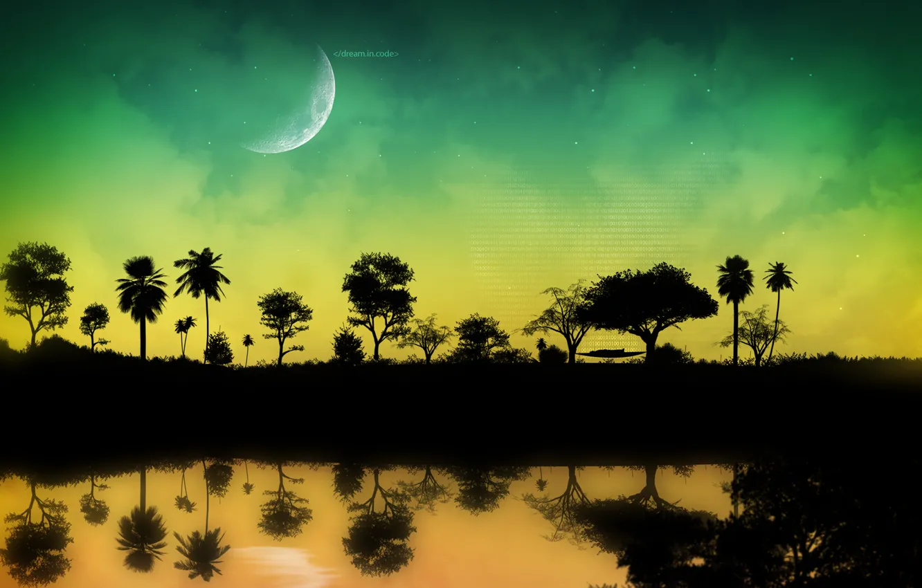 Фото обои вода, деревья, ночь, надпись, луна, человек, код, гамак