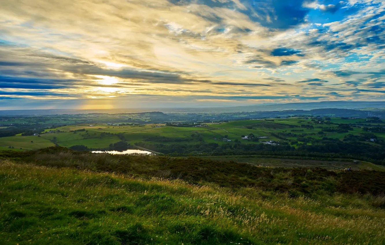 Фото обои grass, sky, water, view, sun, relaxing, overlook, ambience