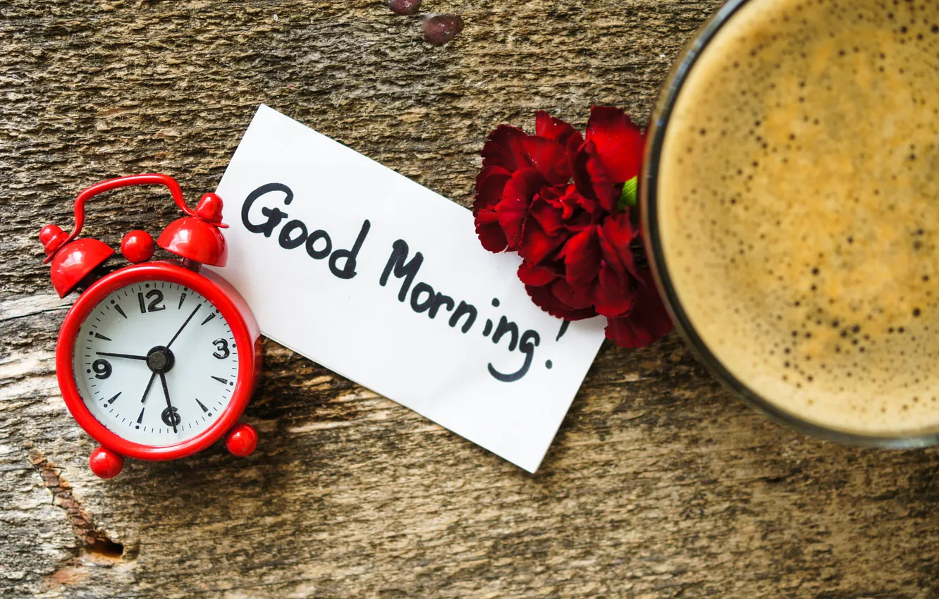 Фото обои цветы, время, доски, часы, кофе, утро, будильник, чашка