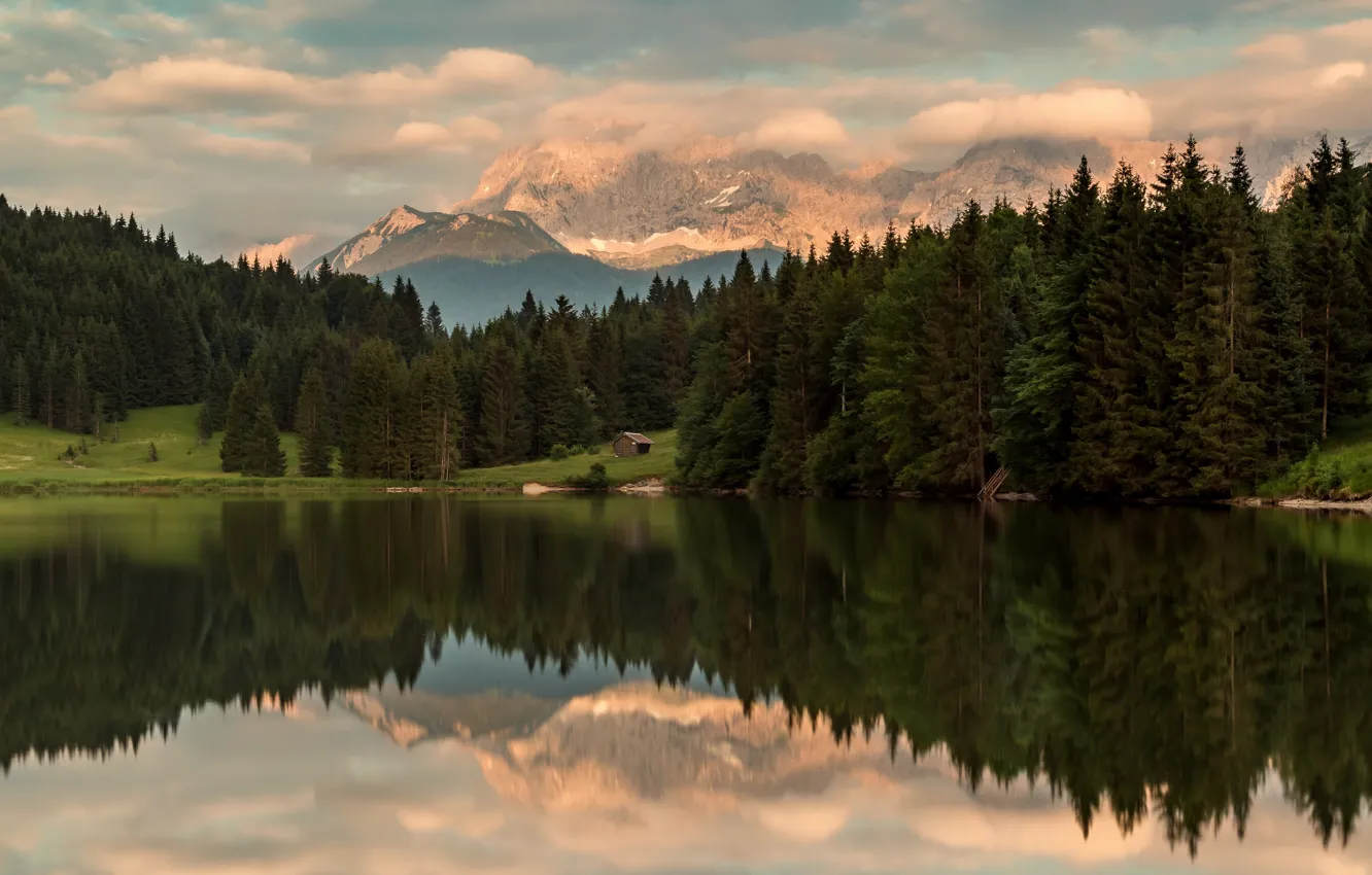 Фото обои лес, горы, отражение, Альпы, домик