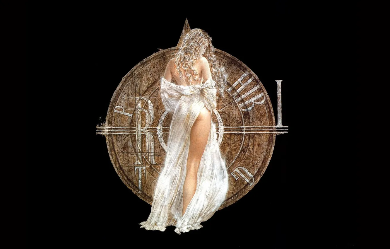 Фото обои белое платье, девушка, арт, блондинка, Luis Royo, чёрный фон, щит