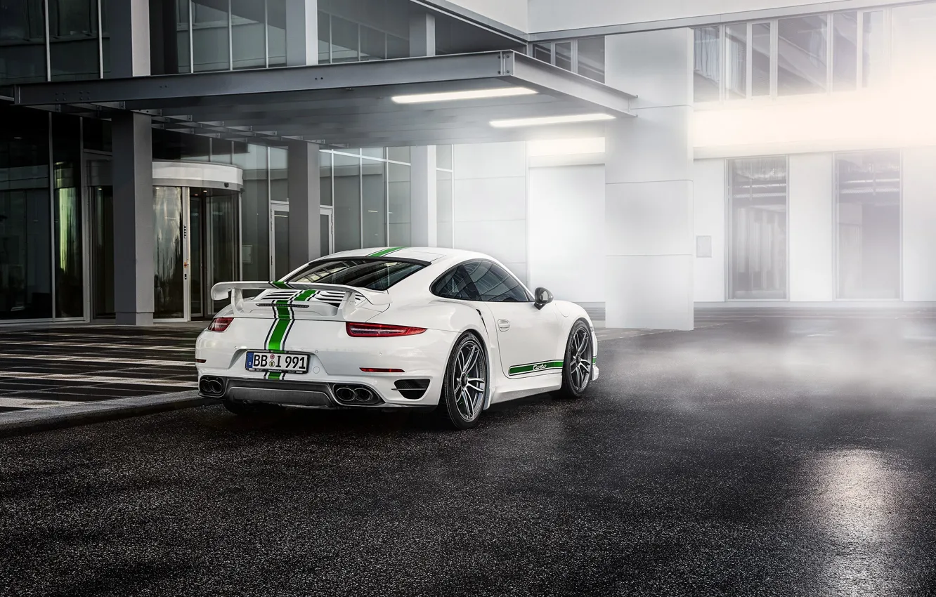 Фото обои Porsche, White, Turbo, Supercar, 991, 2014, TechArt, Rear