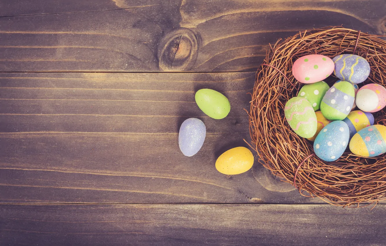 Фото обои пасха, Яйца, гнездо, Праздник, деревянный фон