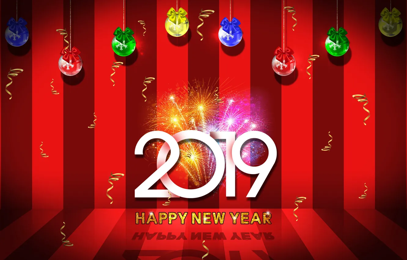 Фото обои шарики, полосы, новый год, рождество, салют, 2019