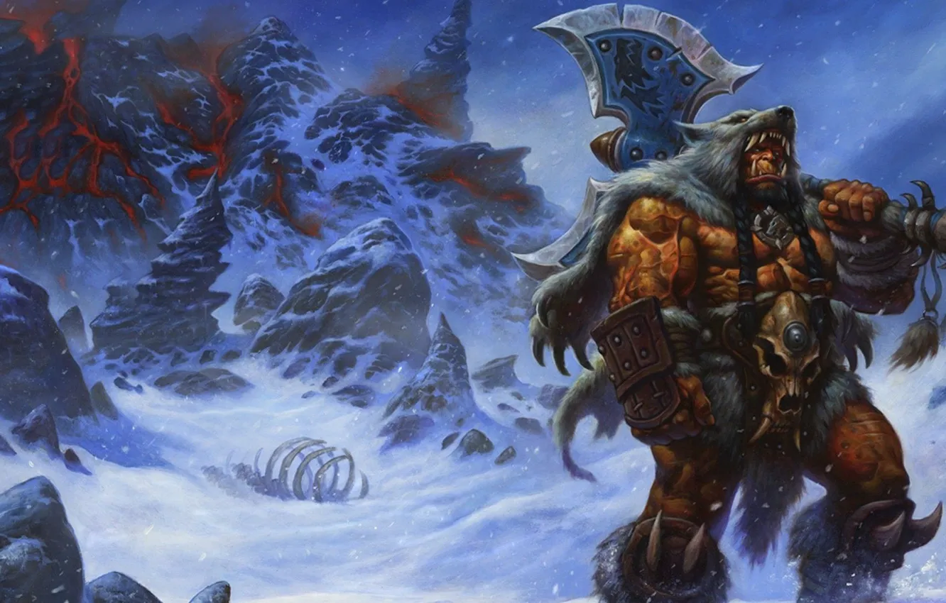 Фото обои снег, горы, топор, Warcraft, орк, Дуротан, волчья шкура