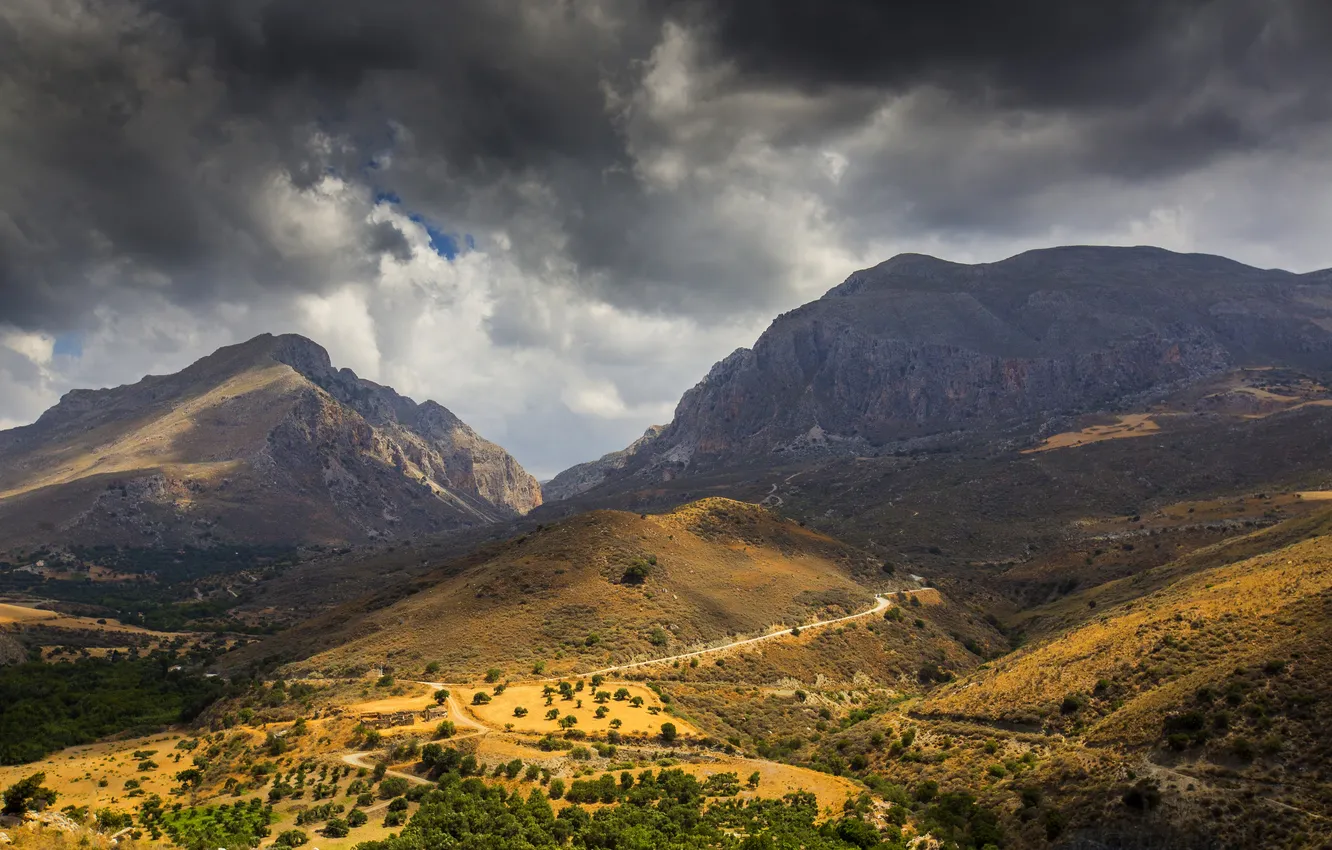 Фото обои облака, горы, остров, Греция, долина, Крит, Crete