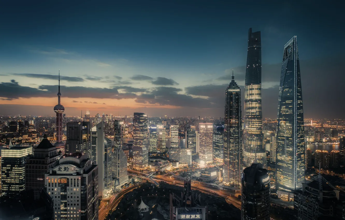 Фото обои город, огни, вечер, Китай, Шанхай, КНР