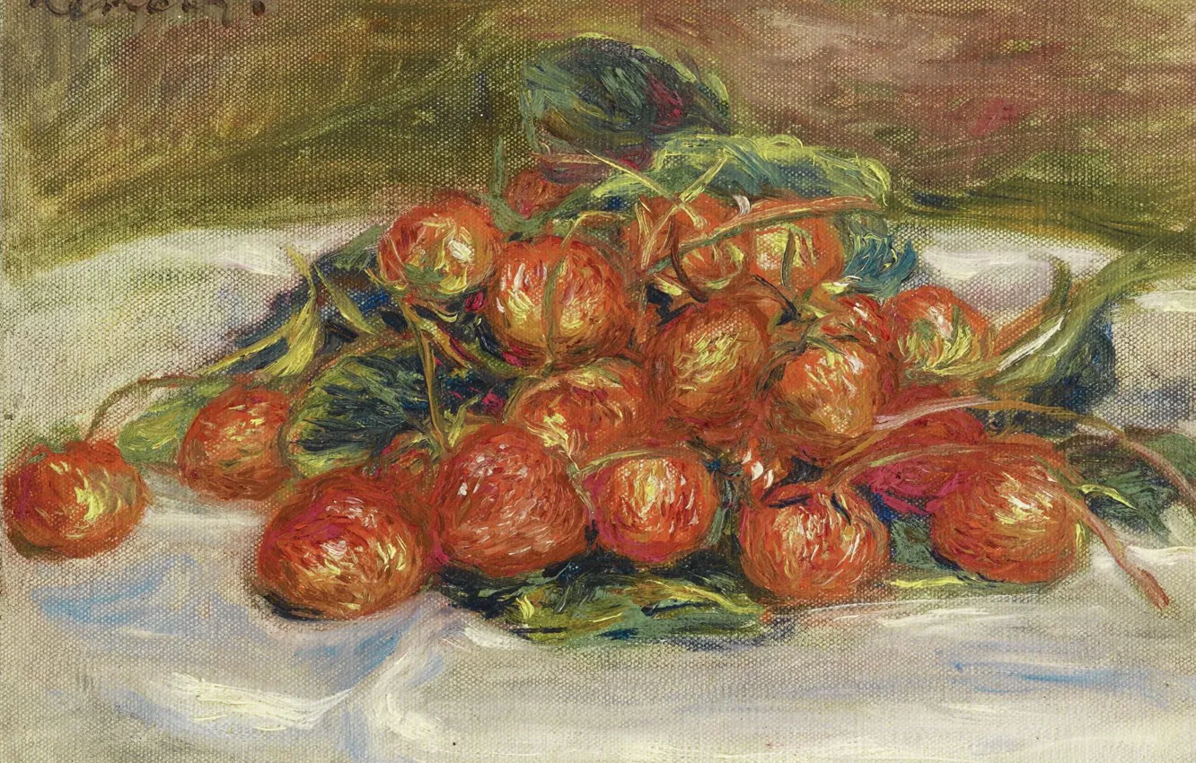 Фото обои ягоды, еда, картина, Пьер Огюст Ренуар, Pierre Auguste Renoir, Натюрморт с Клубникой