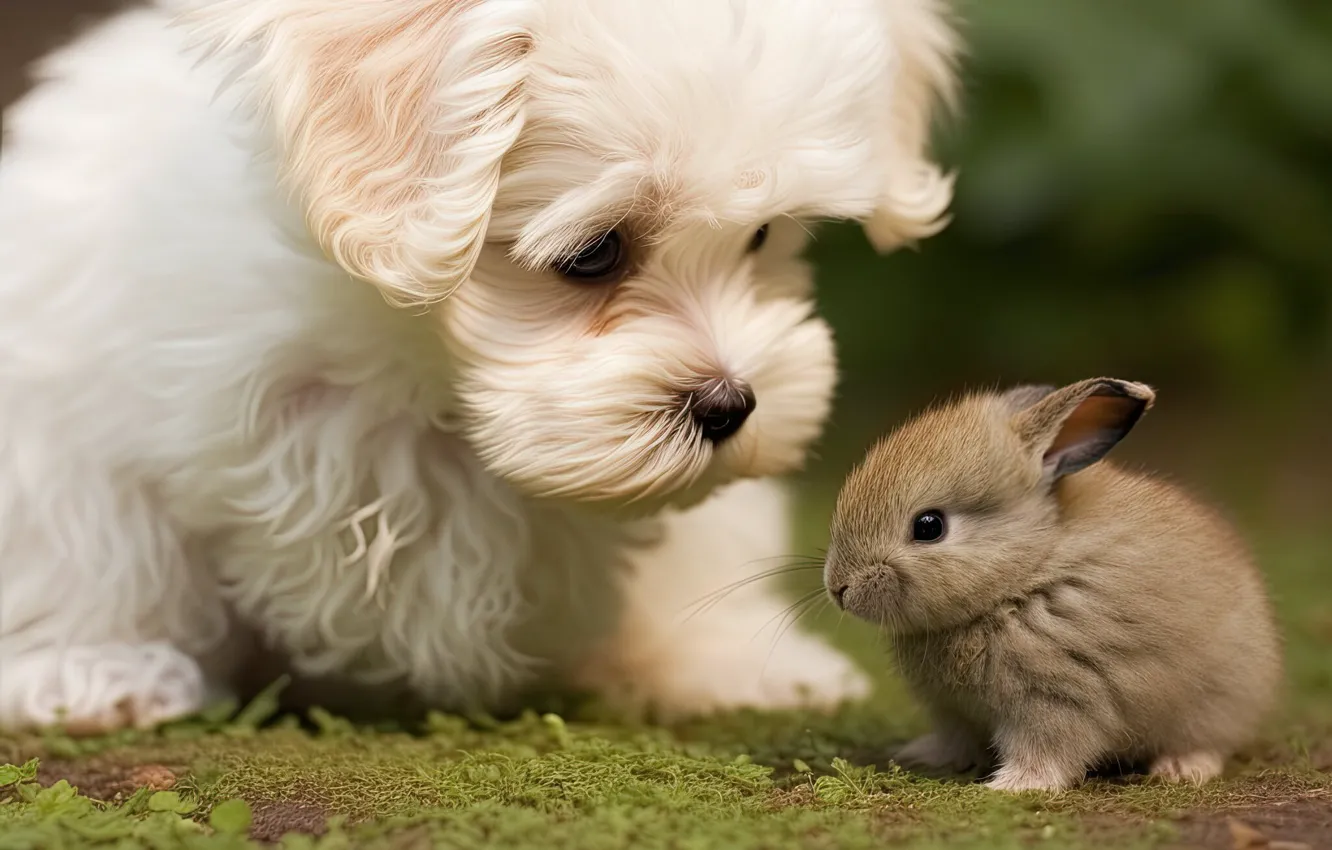Фото обои собака, кролик, малыш, щенок, друзья, пёсик, нейросеть