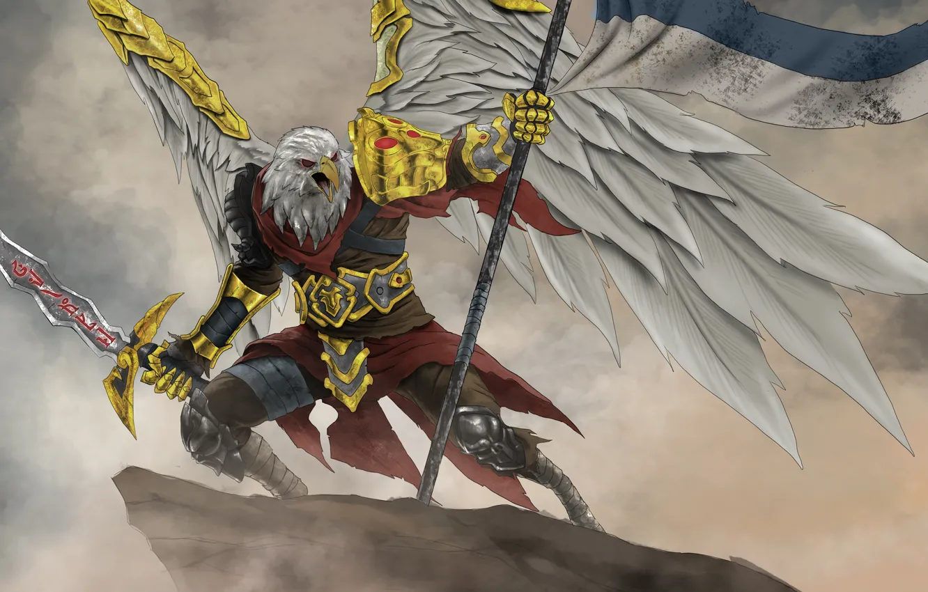 Фото обои свобода, скала, орел, крылья, меч, воин, знамя