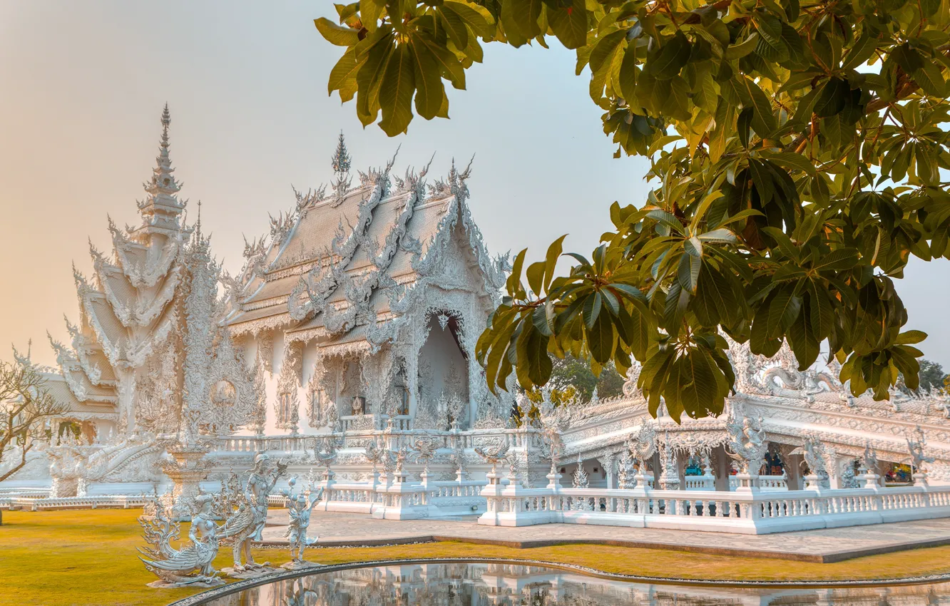 Фото обои листья, ветки, пруд, Таиланд, храм, Thailand, архитектура, White Temple