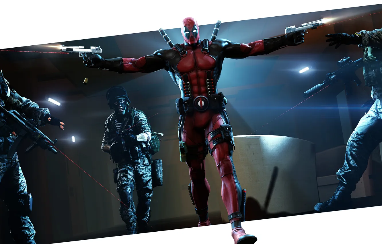 Фото обои оружие, пистолеты, игра, костюм, выстрелы, Deadpool, Marvel Comics
