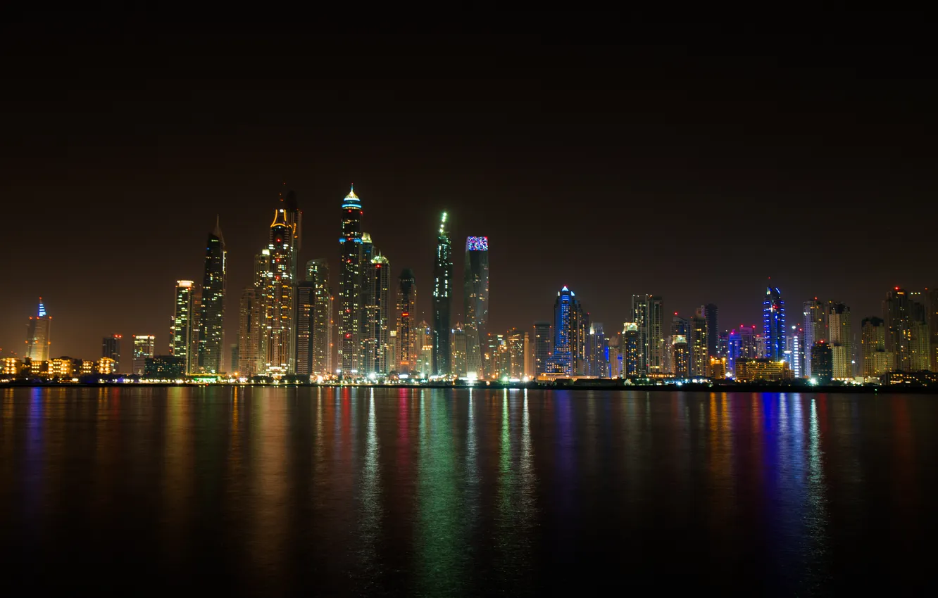 Фото обои ночь, огни, здания, Дубай, небоскрёбы