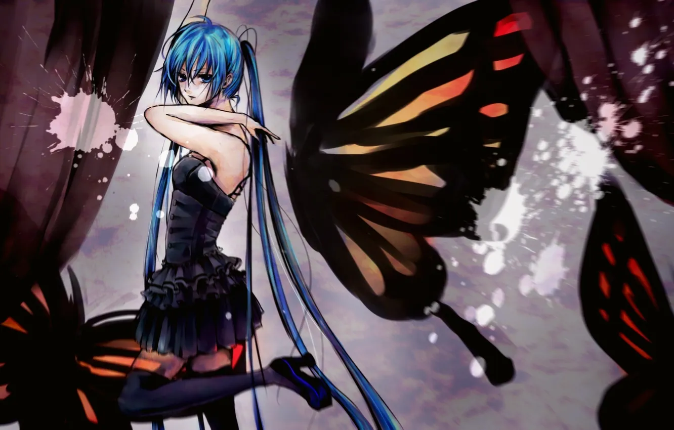 Фото обои девушка, бабочка, обувь, чулки, платье, голубые глаза, hatsune miku, вокалоид