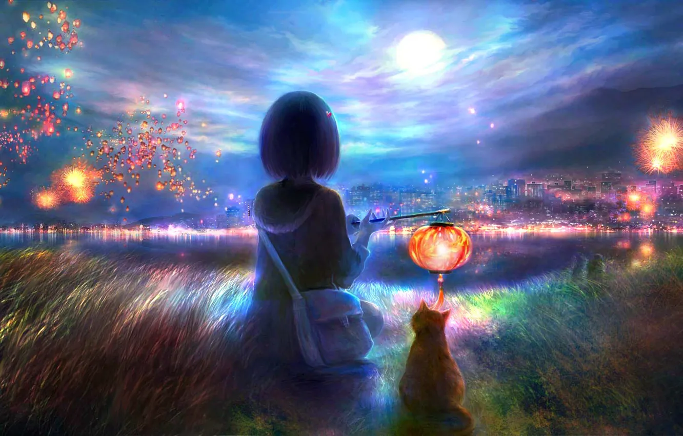 Фото обои кошка, вода, ночь, город, фонарик, девочка, фейерверки