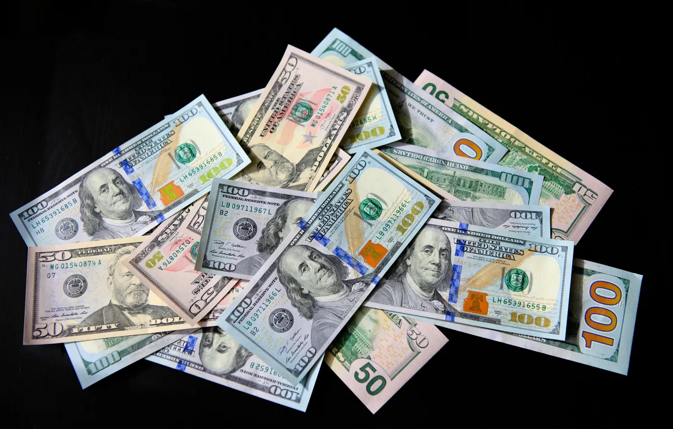 Фото обои Черный фон, США, Купюры, Деньги, Бенджамин Франклин, Benjamin Franklin, Dollar, Доллар