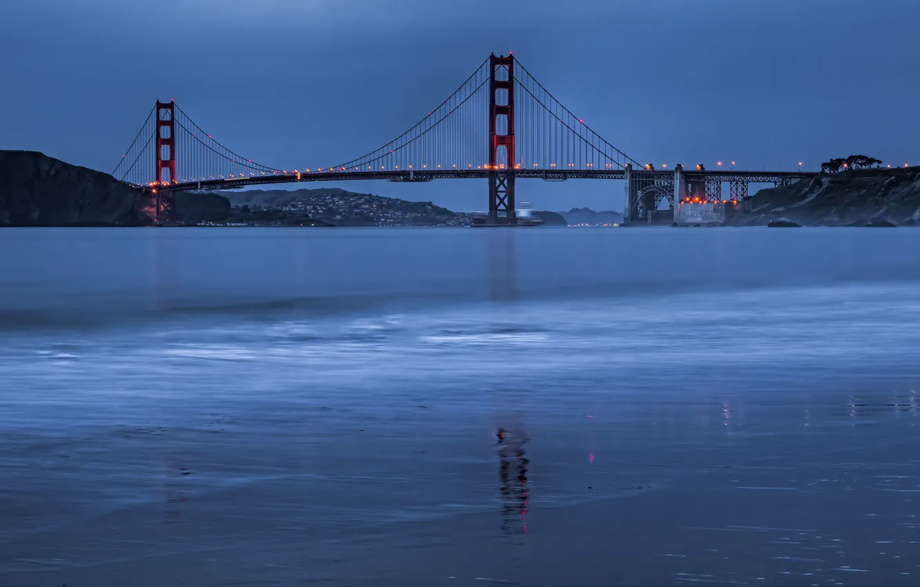 Фото обои море, мост, огни, пролив, побережье, вечер, Golden Gate Bridge, San Francisco