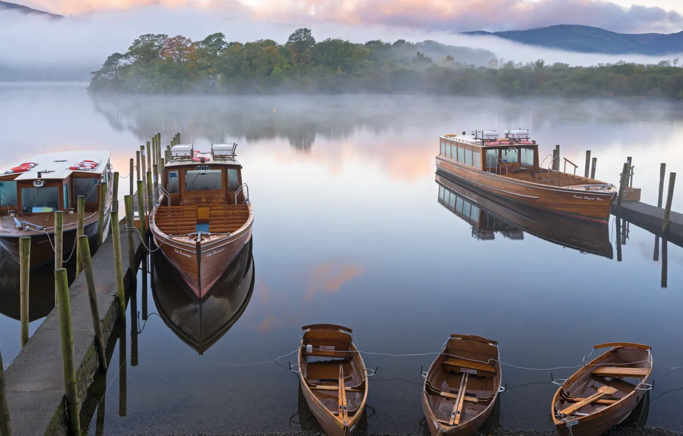 Фото обои туман, лодка, Англия, причал, Камбрия, Lake District National Park