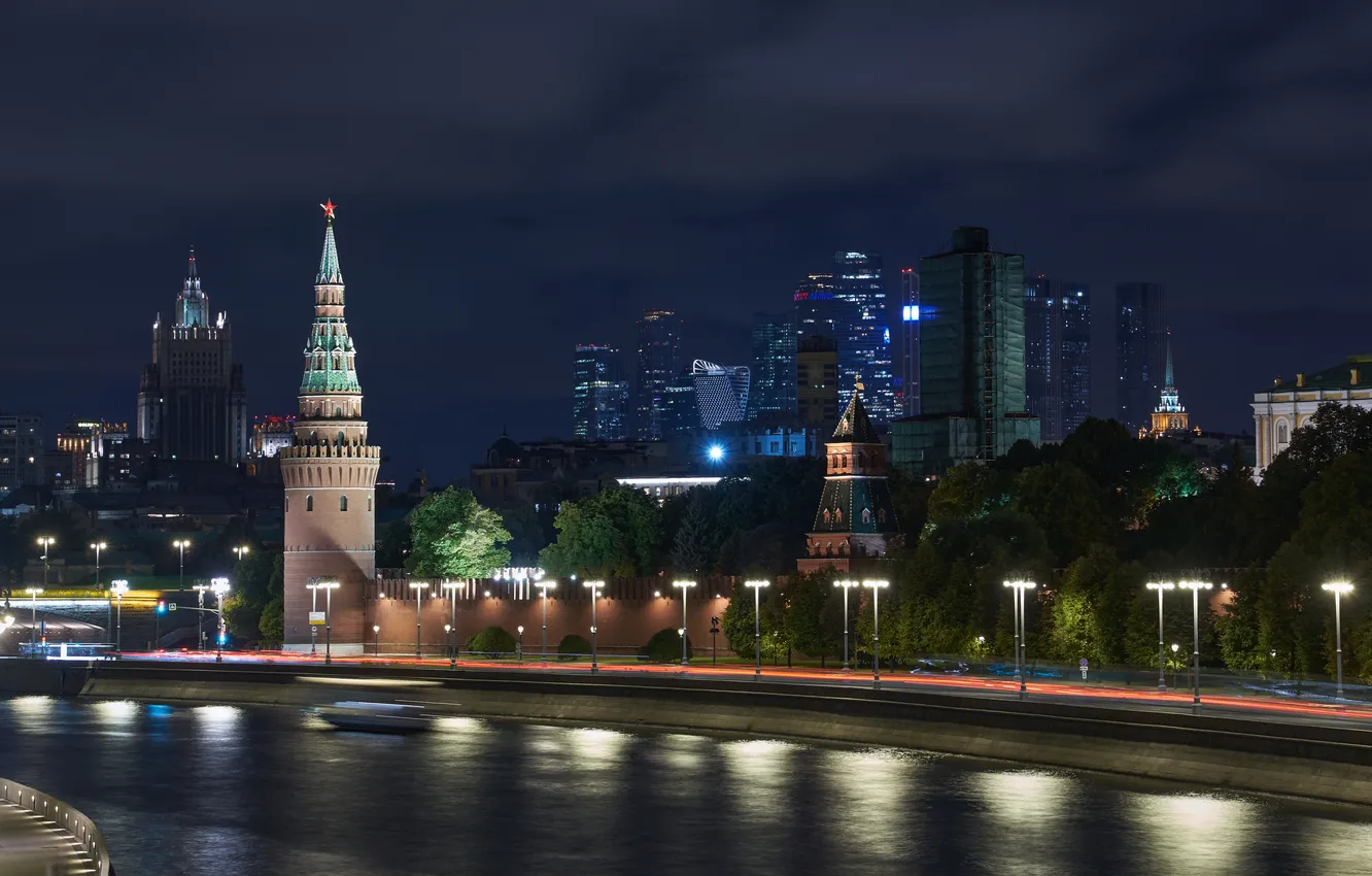 Фото обои city, lights, Russia, river, sky, photography, water, night