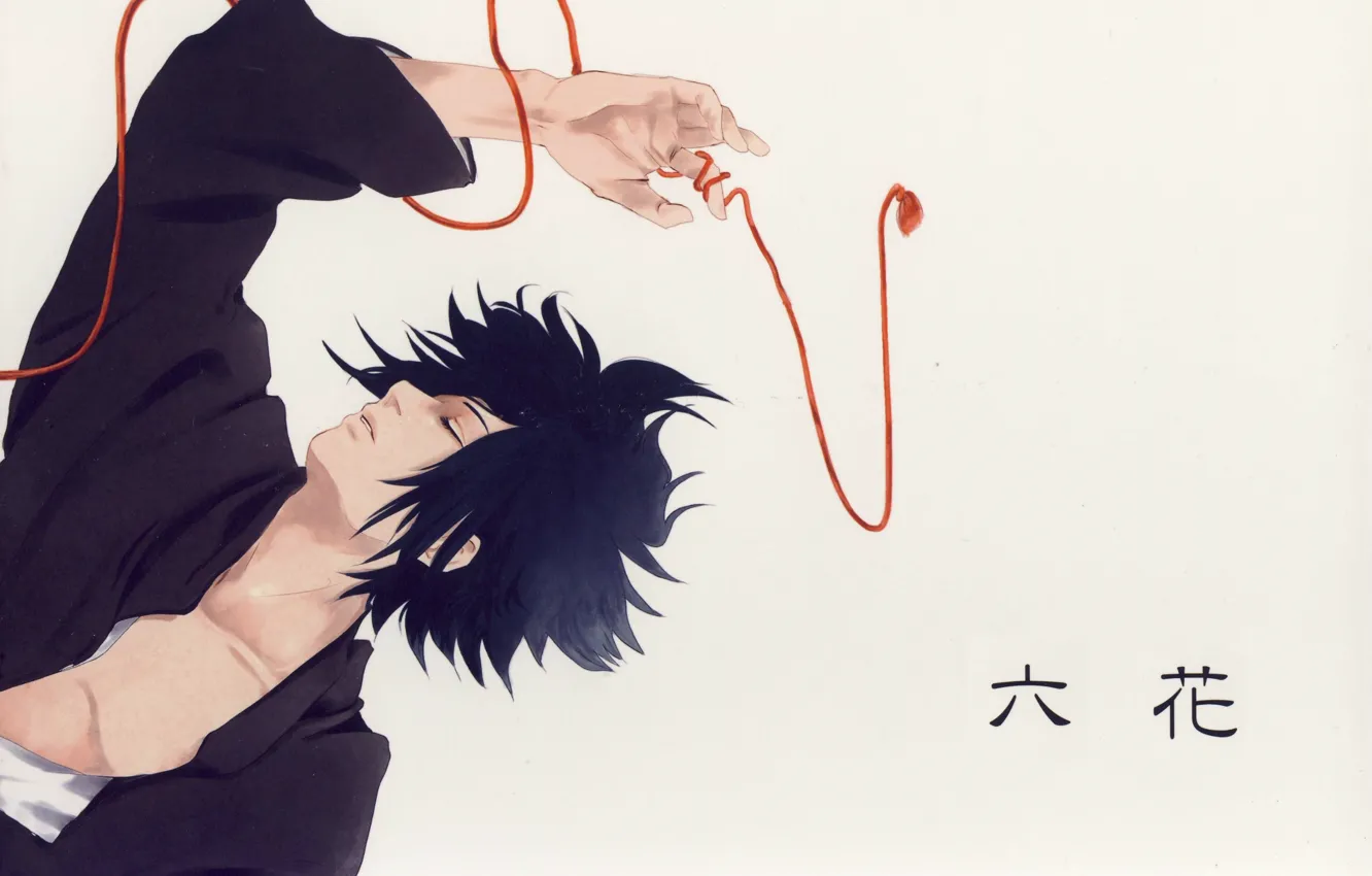 Фото обои рука, серый фон, Naruto, красная нить, ninja, закрытые глаза, Sasuke Uchiha, лежит на спине
