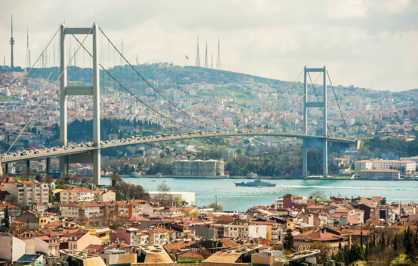 Фото обои мост, река, движение, транспорт, корабль, дома, лодки, Стамбул