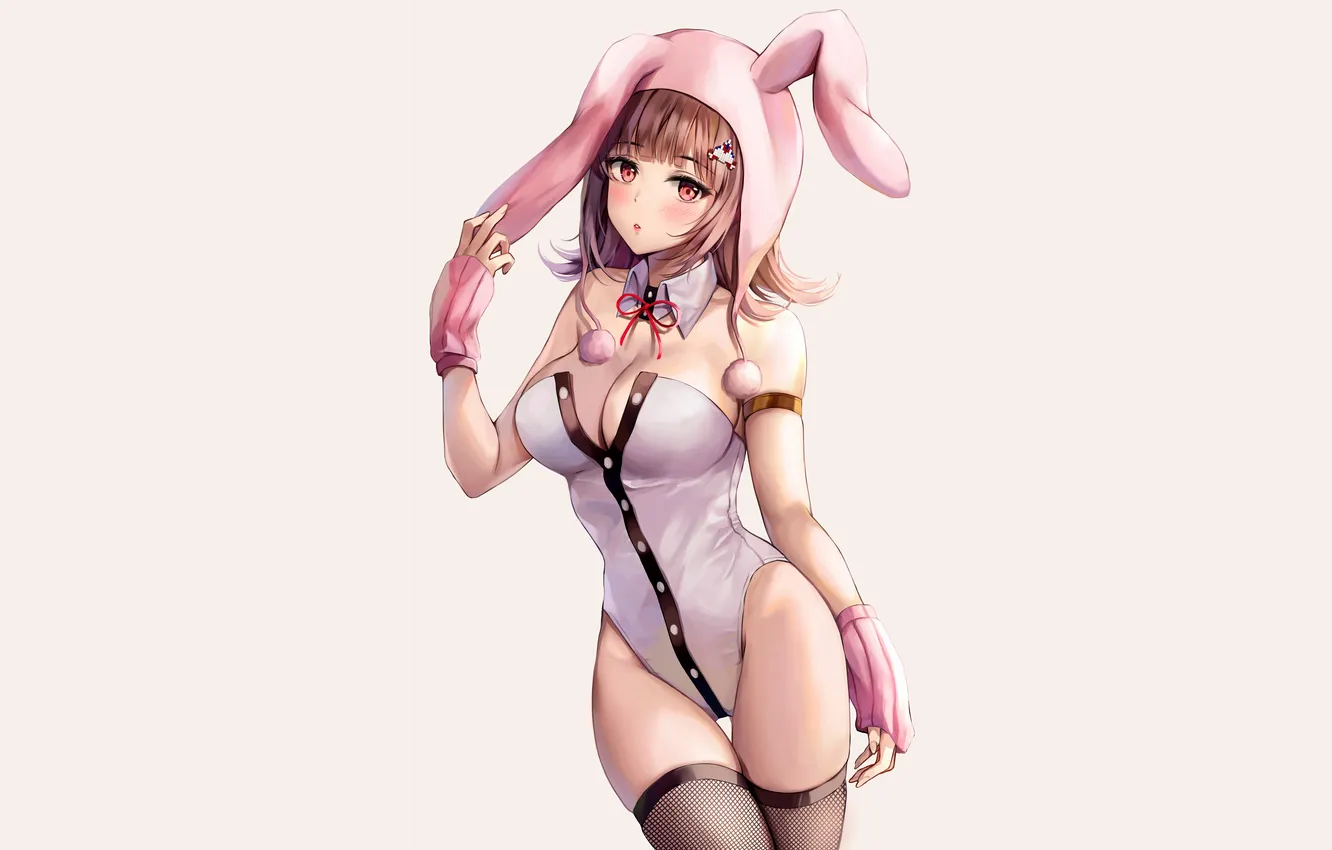 Фото обои girl, sexy, cleavage, thighhighs, long hair, brown hair, boobs, anime