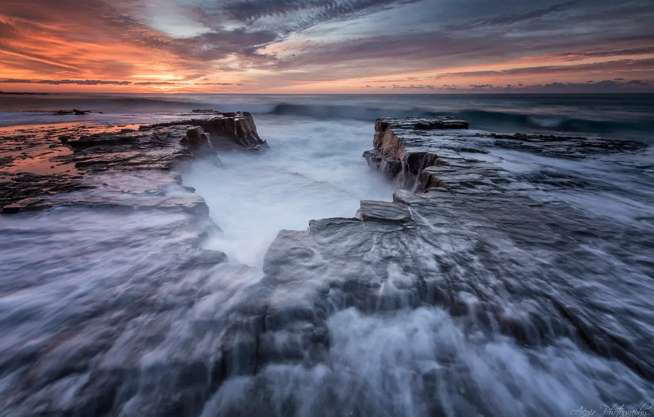 Фото обои пляж, вода, камни, скалы, берег, утро, выдержка, Австралия