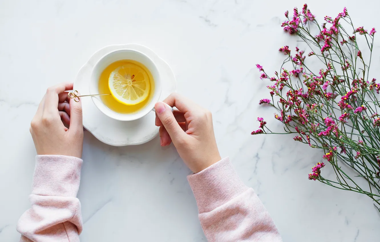 Фото обои цветы, настроение, лимон, чай, горячий, руки, чашка