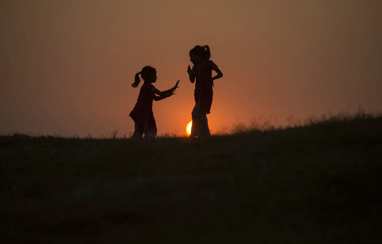 Фото обои солнце, дети, силуэт, Kid tai chi