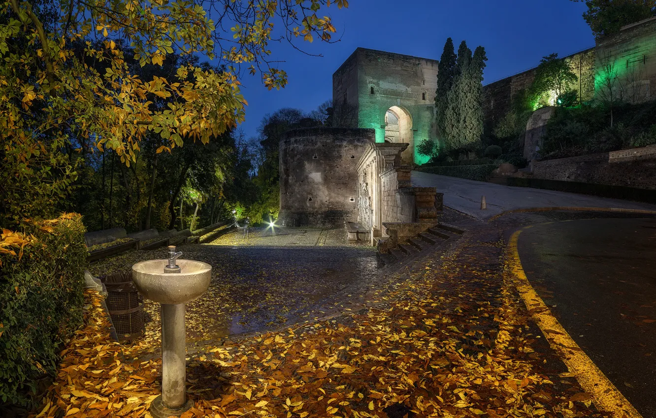 Фото обои дорога, осень, листья, деревья, ночь, огни, стена, арка