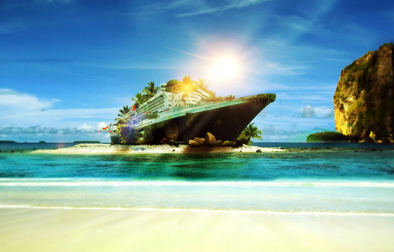 Фото обои пляж, тропики, океан, берег, Queen Mary 2, солнечный свет, Круизное судно