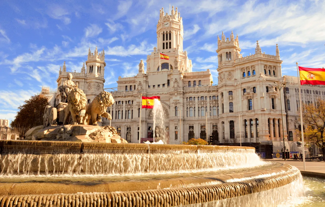 Фото обои дома, флаг, фонтан, Испания, Мадрид