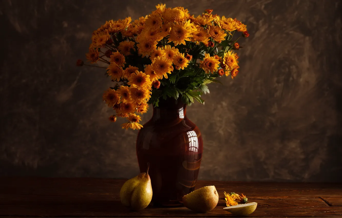 Фото обои цветы, фон, ваза, фрукты, натюрморт, груши, обои от lolita777
