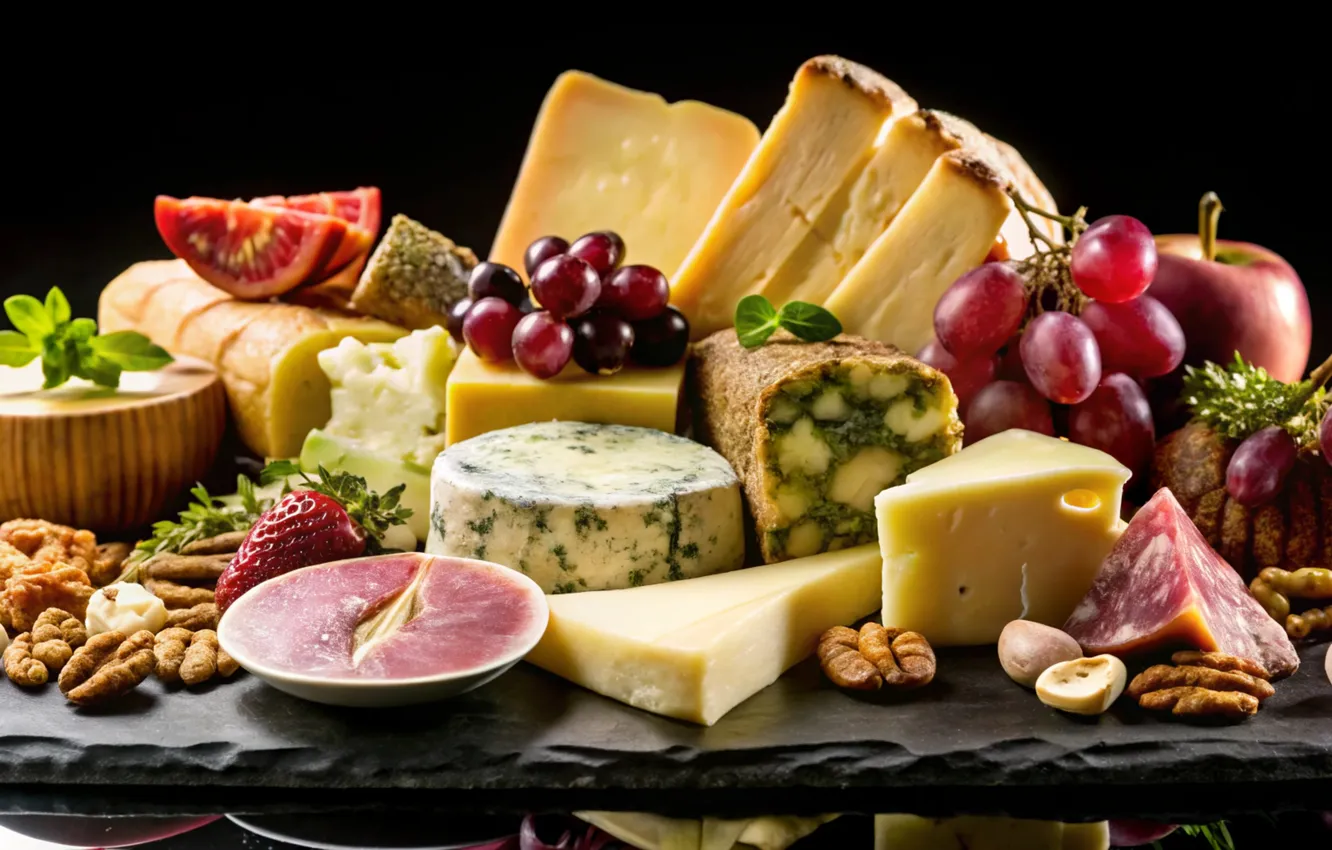 Фото обои fruit, nuts, grapes, variety, cheeses, platter, slate