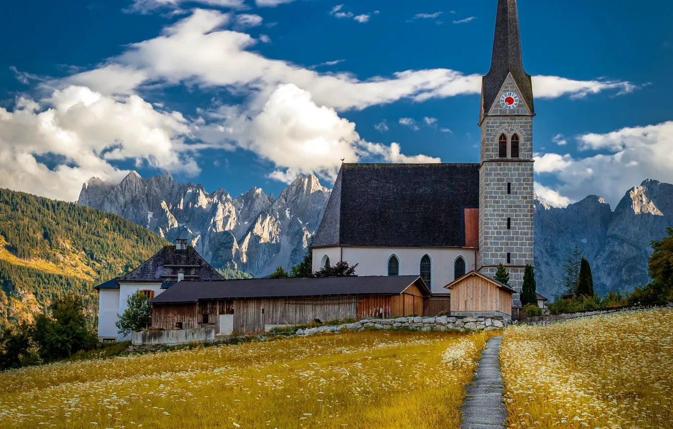 Фото обои облака, пейзаж, горы, природа, Австрия, Альпы, дорожка, церковь
