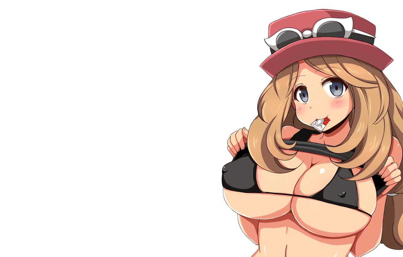 Фото обои girl, sexy, cleavage, erect nipples, long hair, hat, boobs, anime