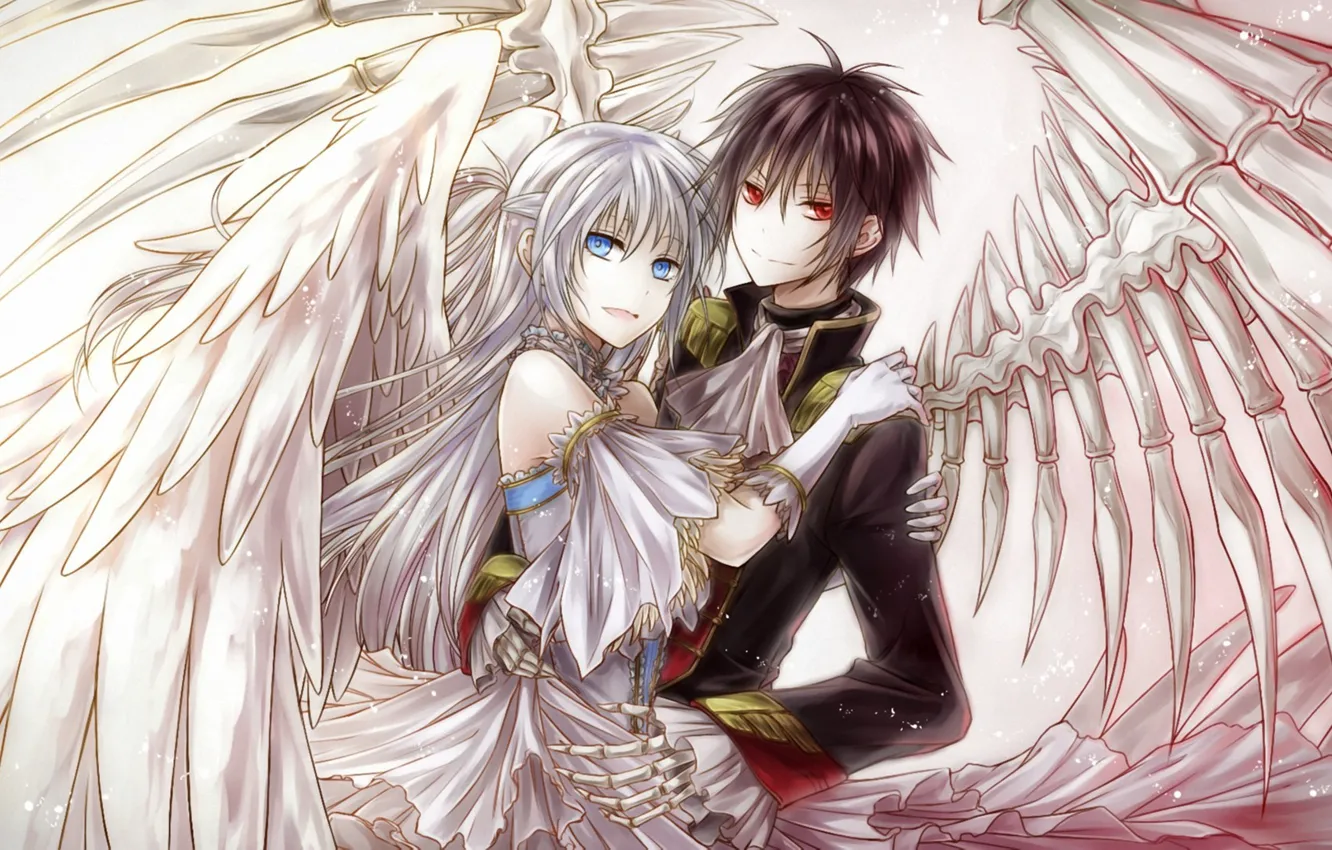 Фото обои девушка, крылья, демон, арт, кости, парень, красные глаза, yuki rengetsu