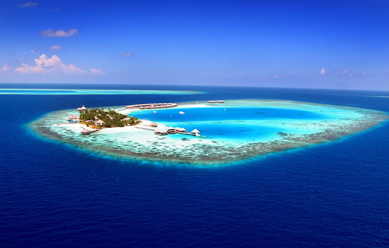 Фото обои океан, остров, атолл, курорт, Maldives, aerial