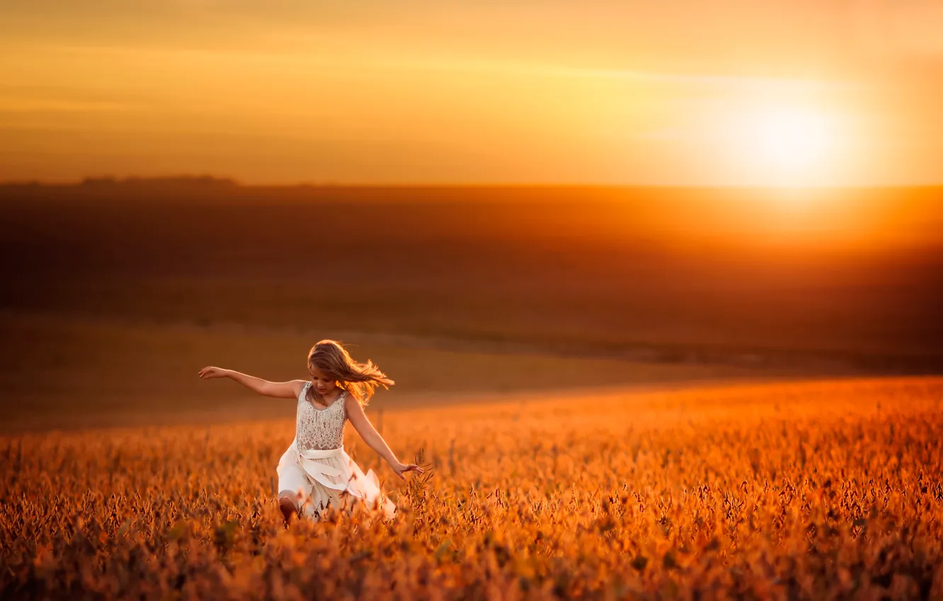 Фото обои поле, солнце, платье, девочка, равновесие
