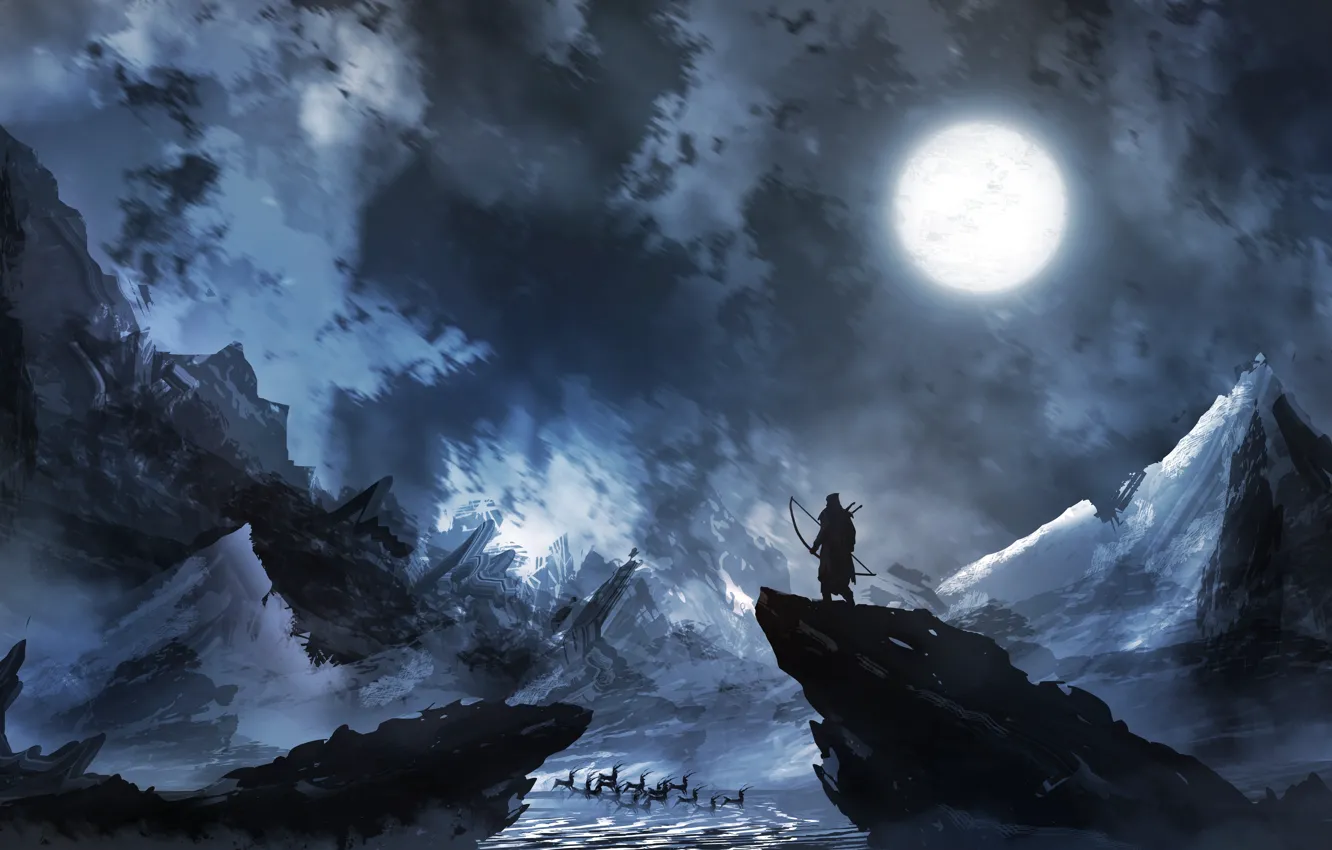 Фото обои холод, лед, зима, луна, человек, олени, север, Лучник