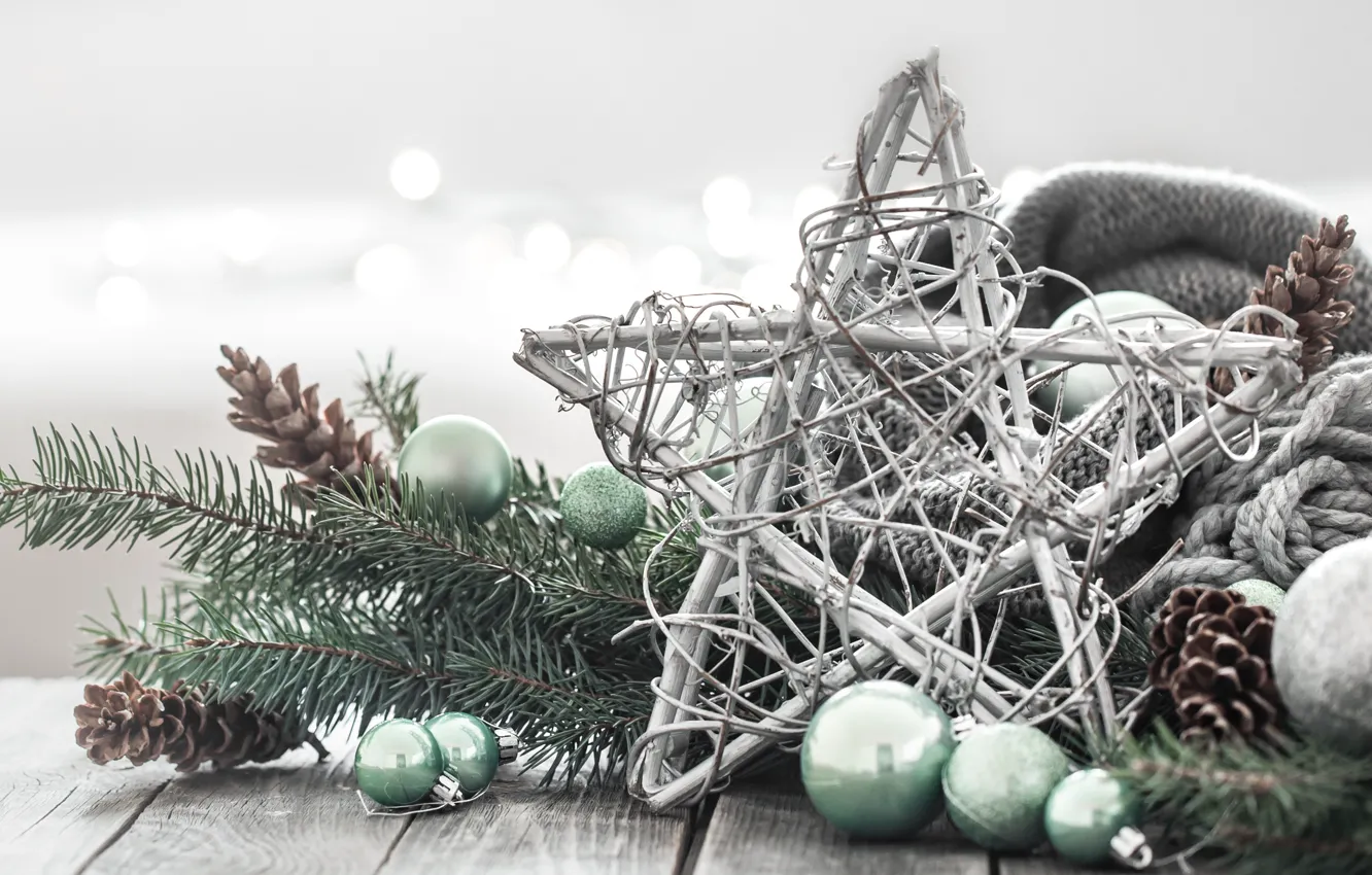 Фото обои украшения, шары, звезда, Рождество, Новый год, christmas, balls, шишки