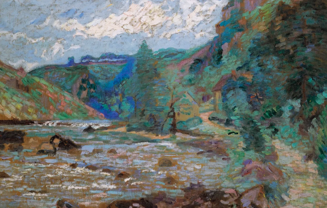 Фото обои пейзаж, река, картина, Арман Гийомен, Armand Guillaumin, Мельница Бушардона. Крозан