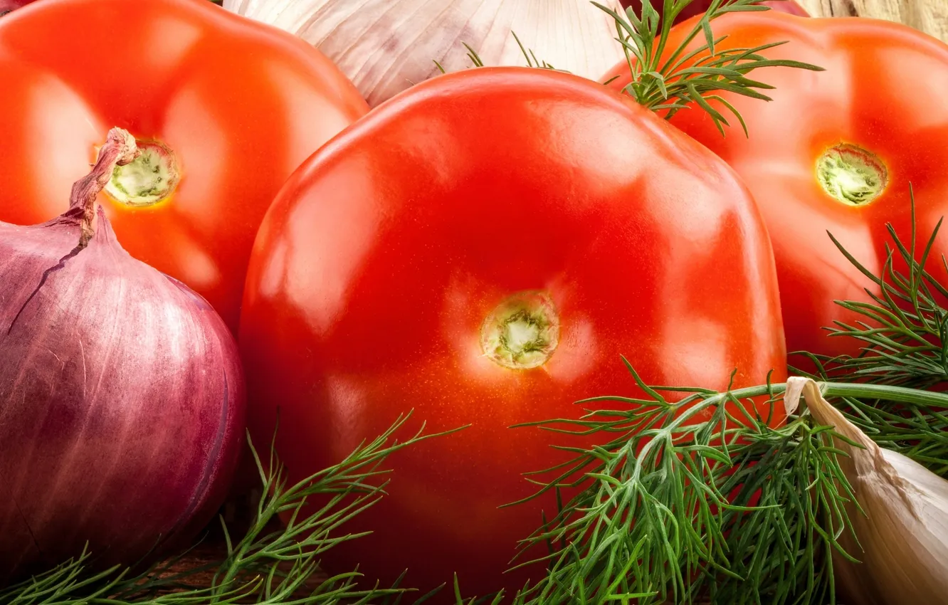 Фото обои лук, укроп, овощи, помидор, чеснок, cabbage, tomato, разделочная доска