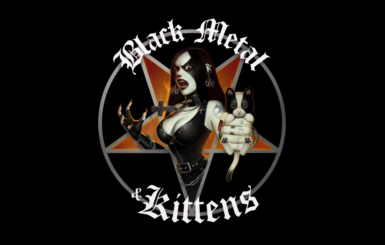 Фото обои девушка, тату, котёнок, гот, Black metal and kittens