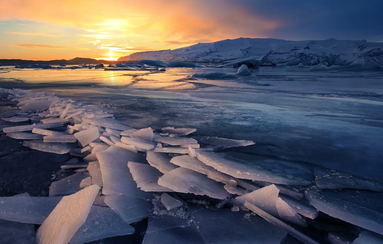 Фото обои ice, sky, landscape, nature, sunset, winter, mountains, clouds