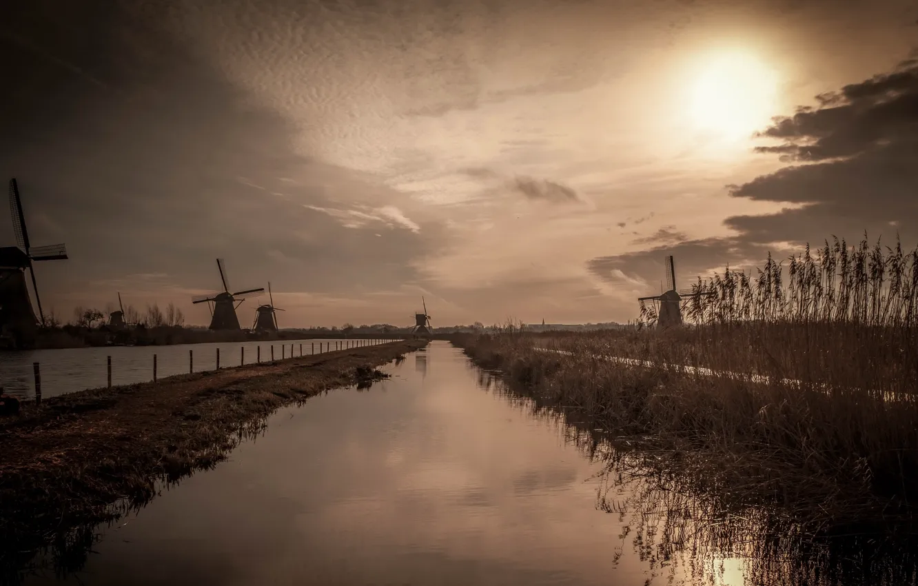 Фото обои ночь, мельница, канал