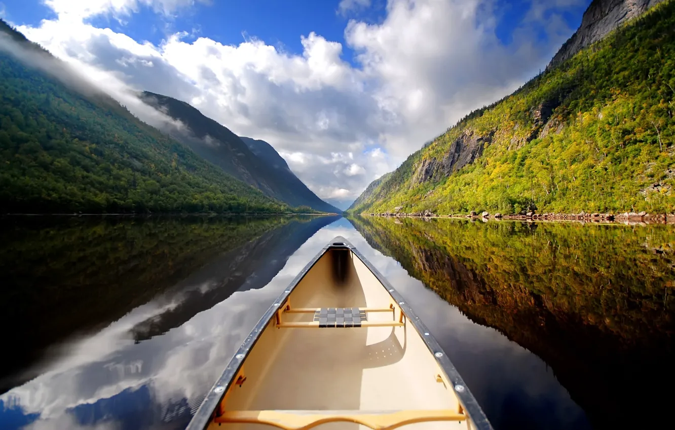 Фото обои горы, озеро, отражение, Лодка